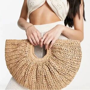NEW Ramla Bohemian Tan Boho Straw Half moon handbag